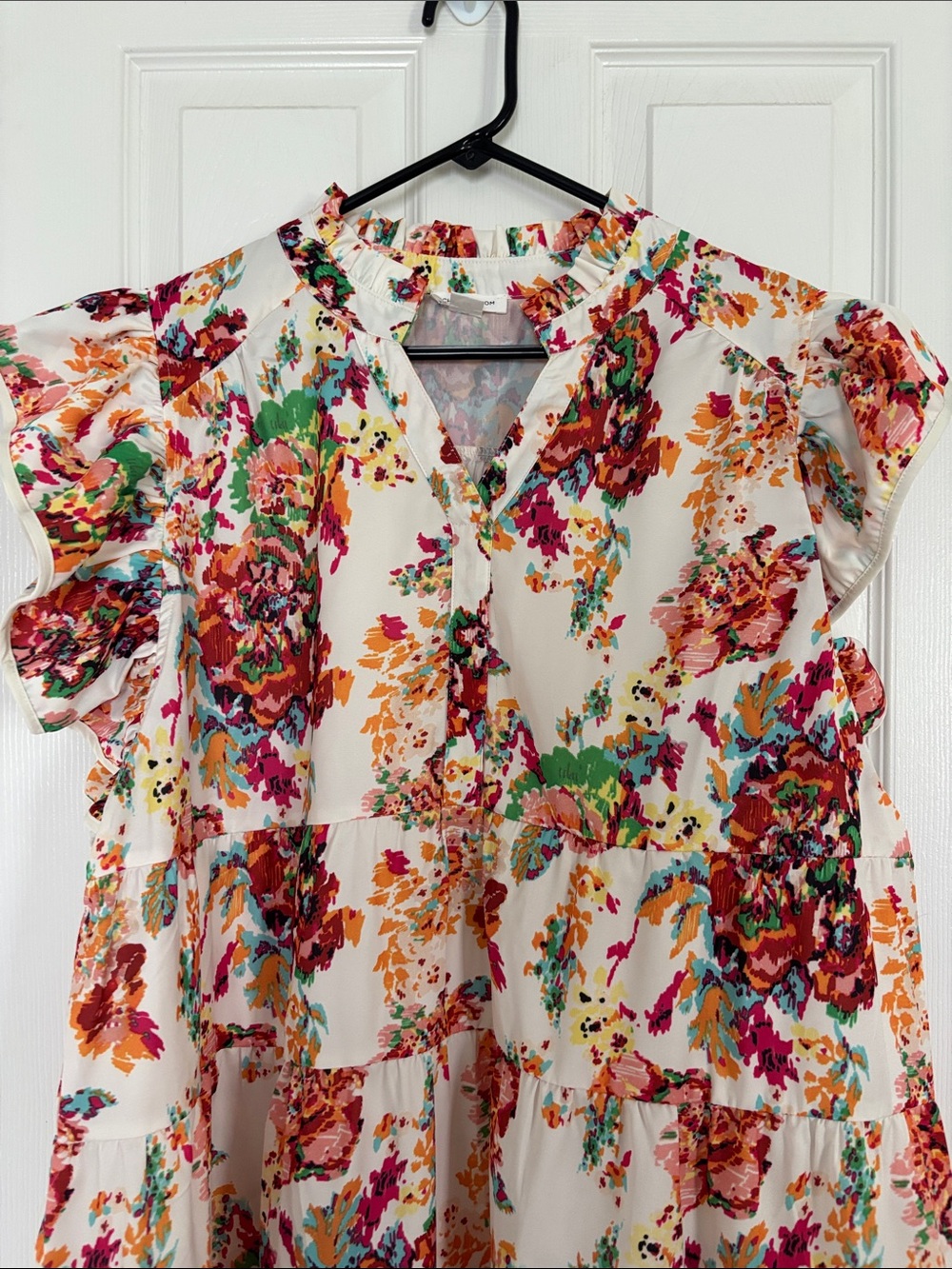 Floral Tiered Mini Dress in Cream with Multi-Color Print - Picture 2 of 2